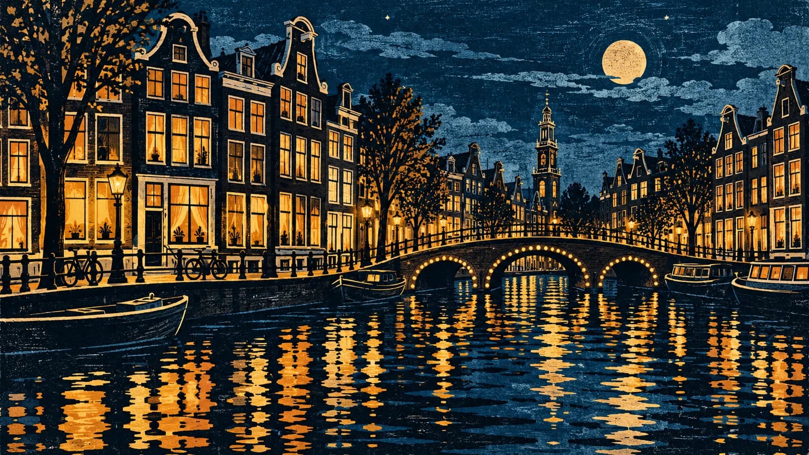 Handgemaakte linodruk van verlichte Amsterdamse grachtenpanden