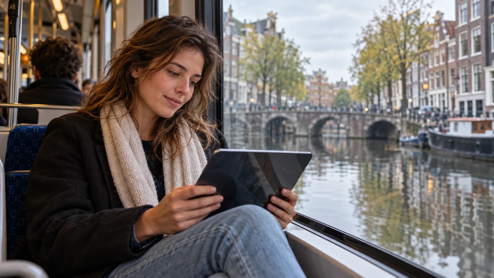 Een reiziger met een tablet bij het raam van een Amsterdamse tram