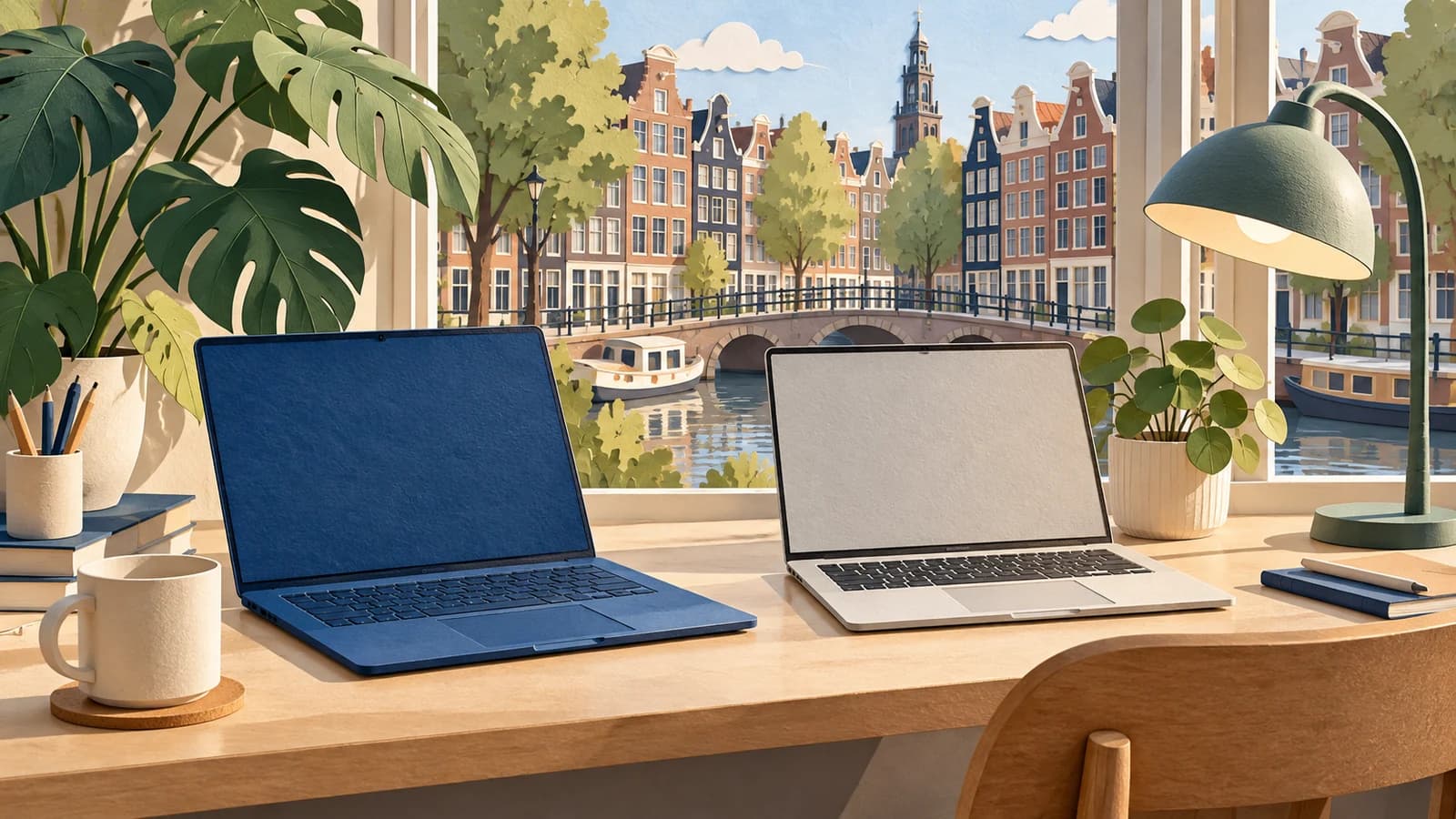 Een handgemaakte papieren werkplek met twee laptops en grachtenpanden